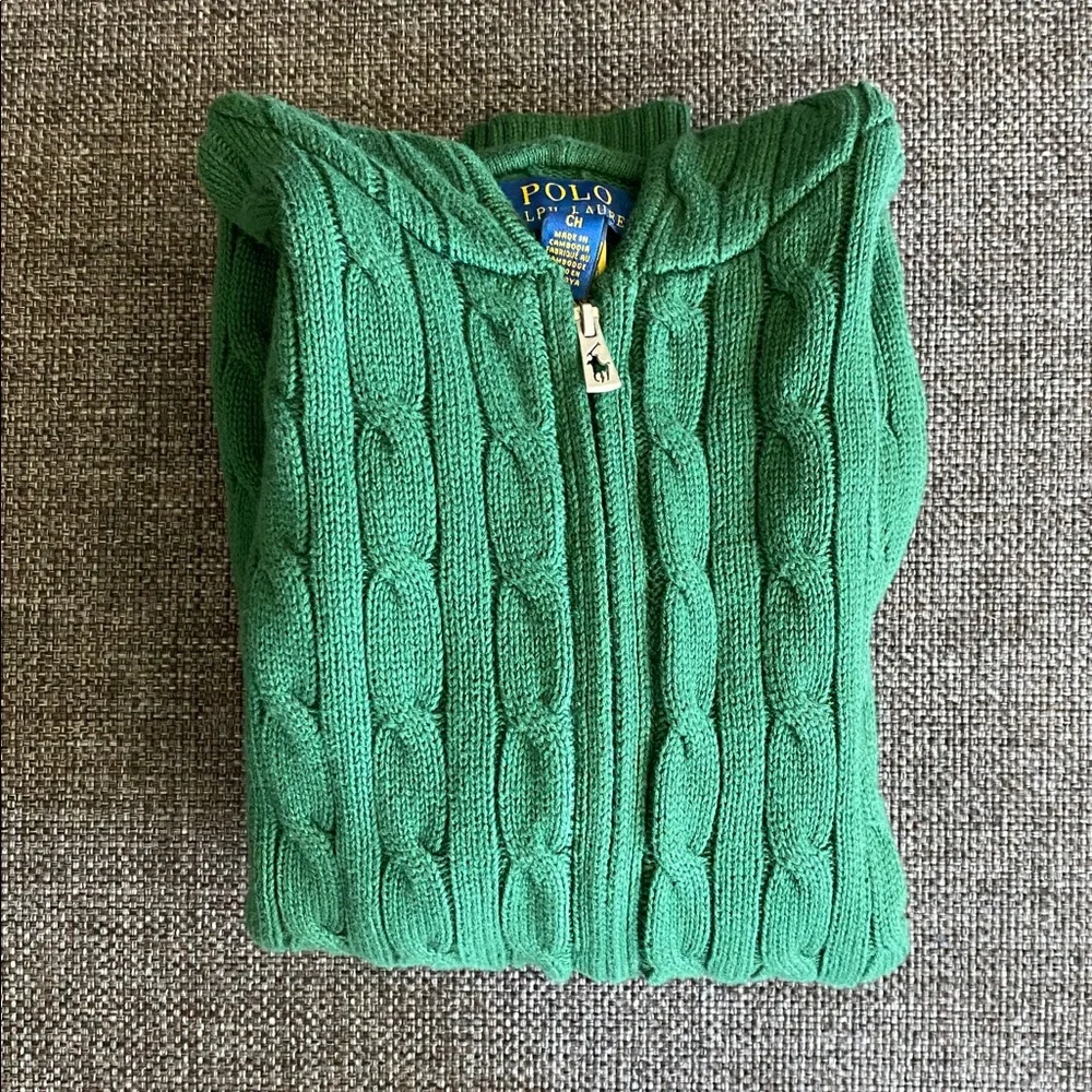NWT Green Polo Ralph Lauren Hooded Zip Cable Knit Sweater, Boys S/8